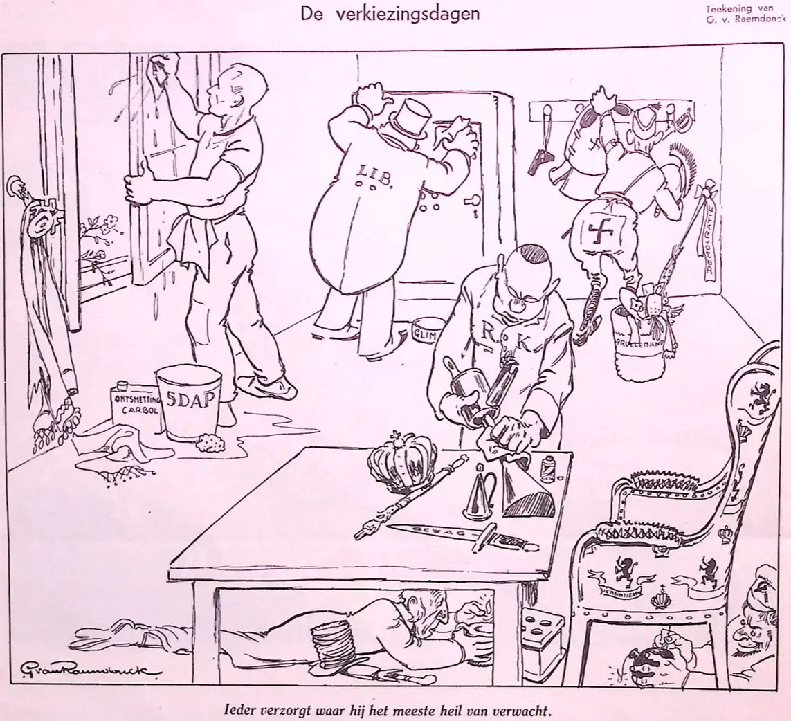 Spotprent van George van Raemsdonck over de verkiezingsdagen 1933